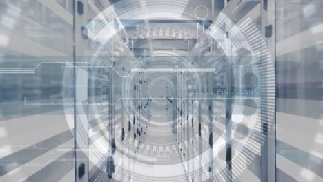 animation of scope scanning and data processing over tech room with computer servers