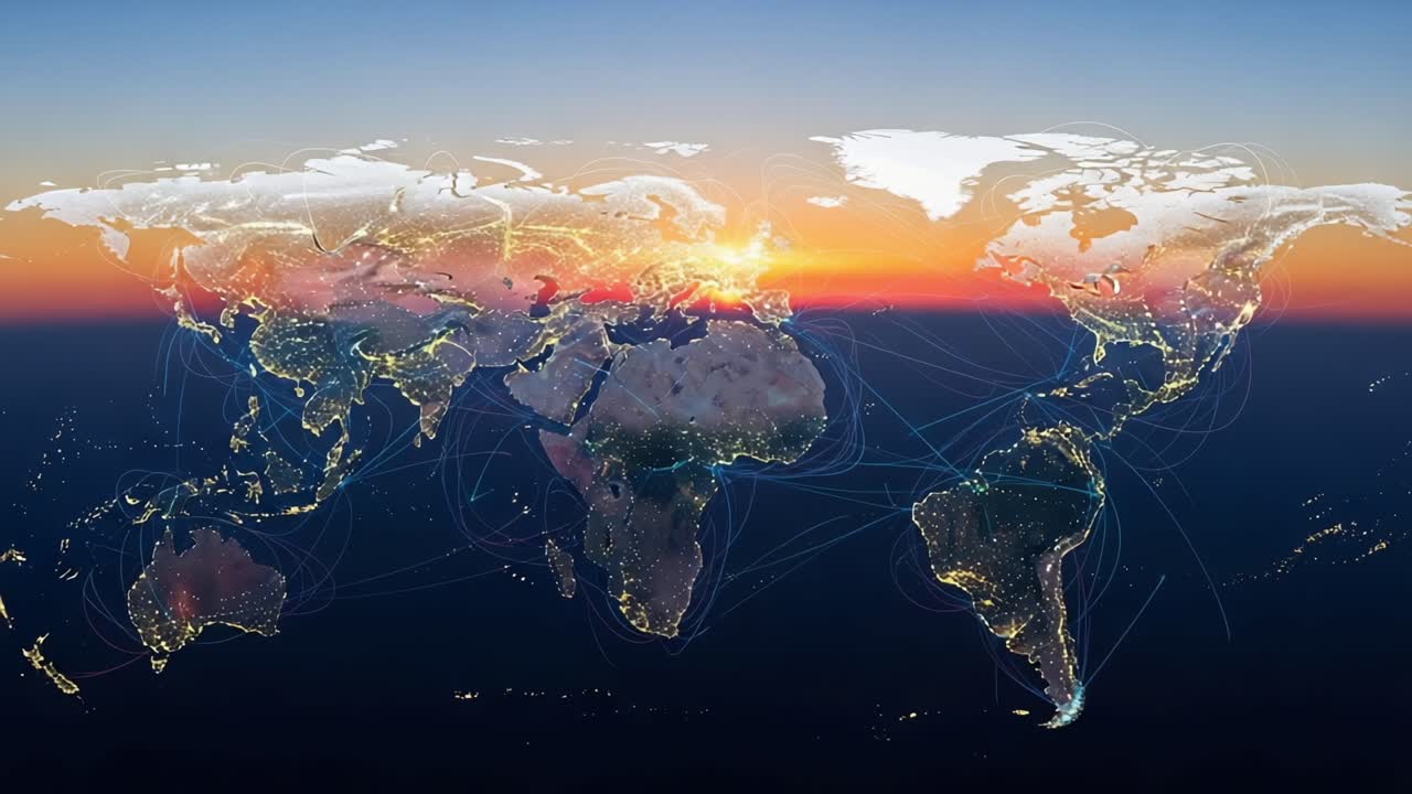 A Stunning Visualization of Global Connectivity at Sunset, Showcasing the Earth's Continents Brilliantly Illuminated by Urban Lights and Natural Wonders