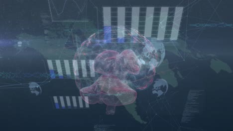 animation of icons, data and rotating brain over world map