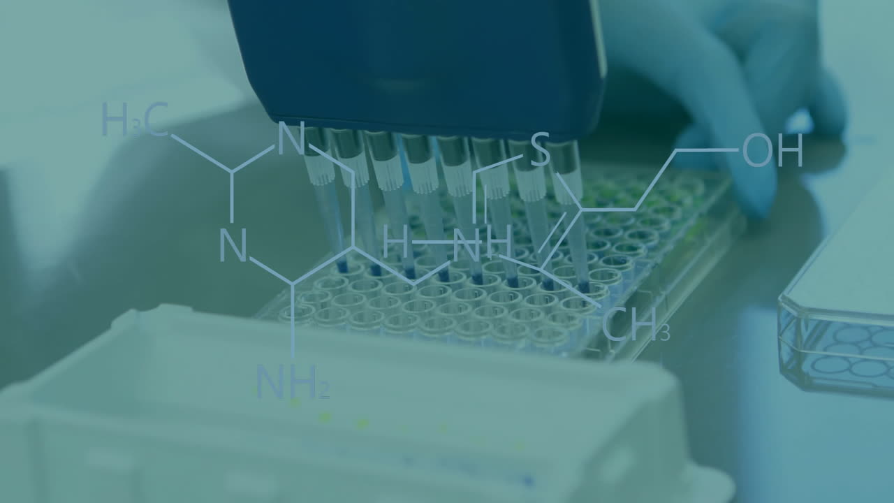 Animation of chemical formula over scientist doing experiment in lab