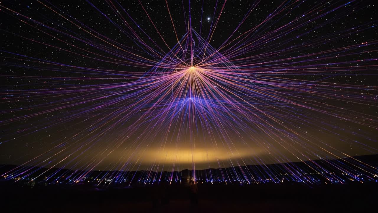 A Stunning Display of Colorful Light Trails Creating a Vibrant Geometric Pattern Against the Night Sky Filled with Stars and a Soft Glowing Horizon