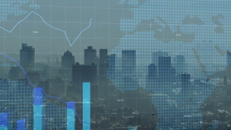 animation of financial data processing over cityscape