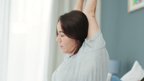 woman, bed and alarm clock in morning stretch