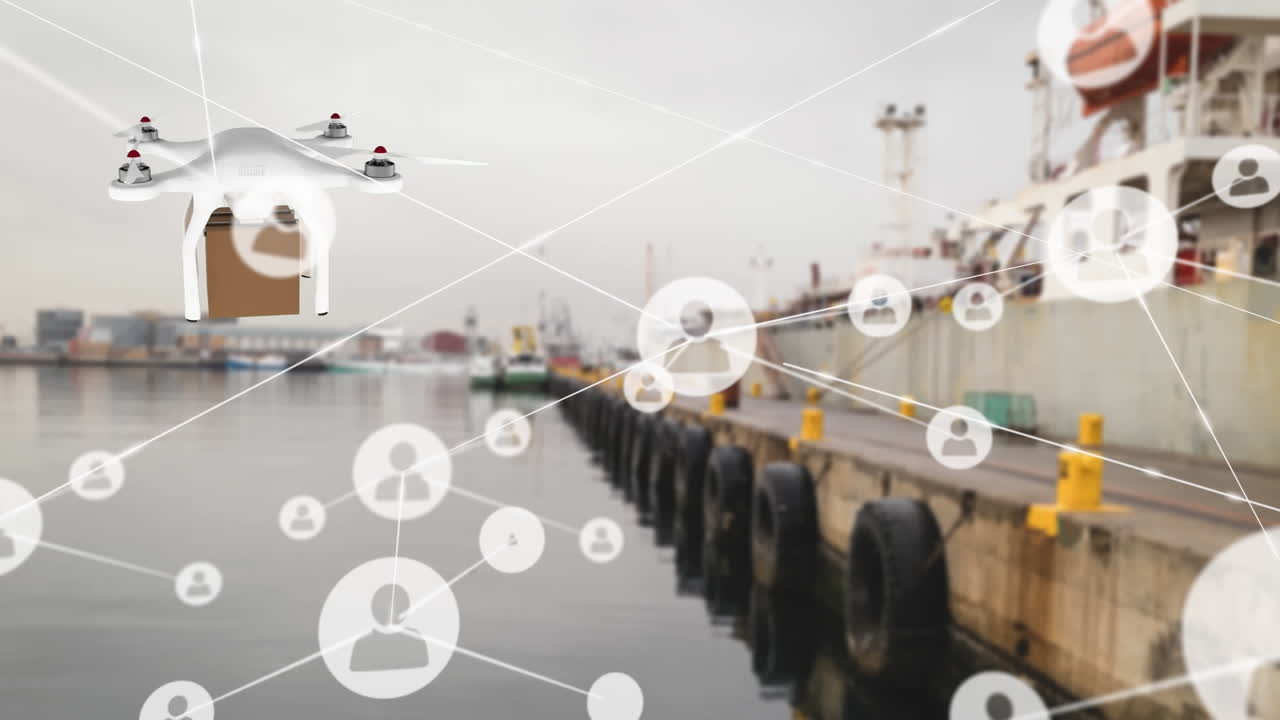 animación de la red de conexiones con iconos sobre el drone de entrega con paquete