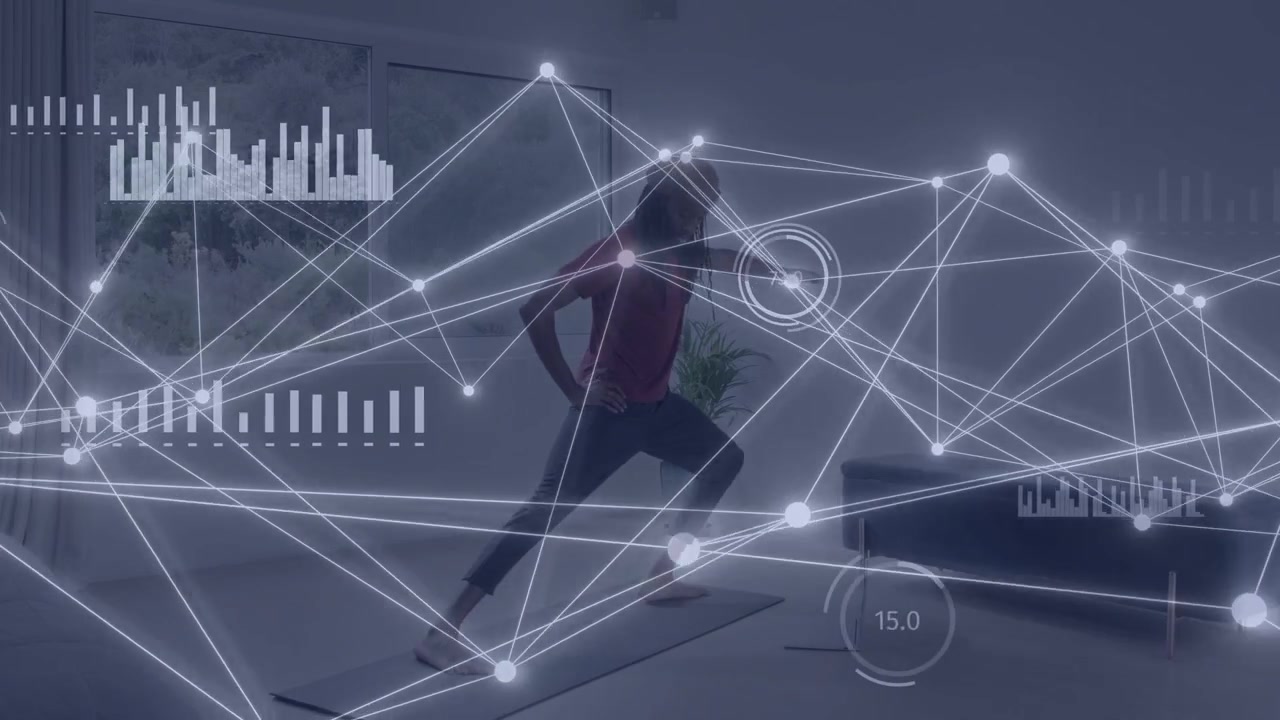 Male exerciser performing fitness lunges on mat guided by tablet, animated HUD tracking motion