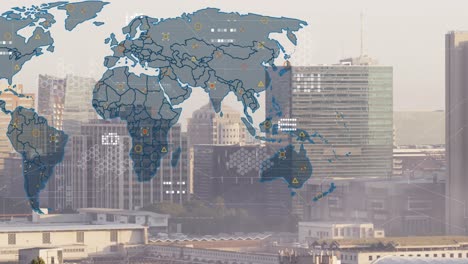 animation of world map and data processing against aerial view of cityscape