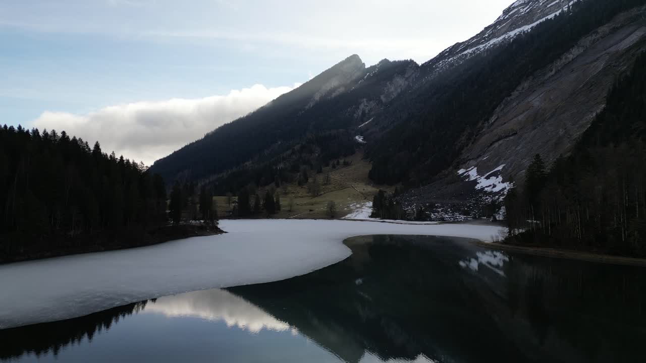 Obersee Glarus Switzerland winter wilderness paradise with icy lake and mountains