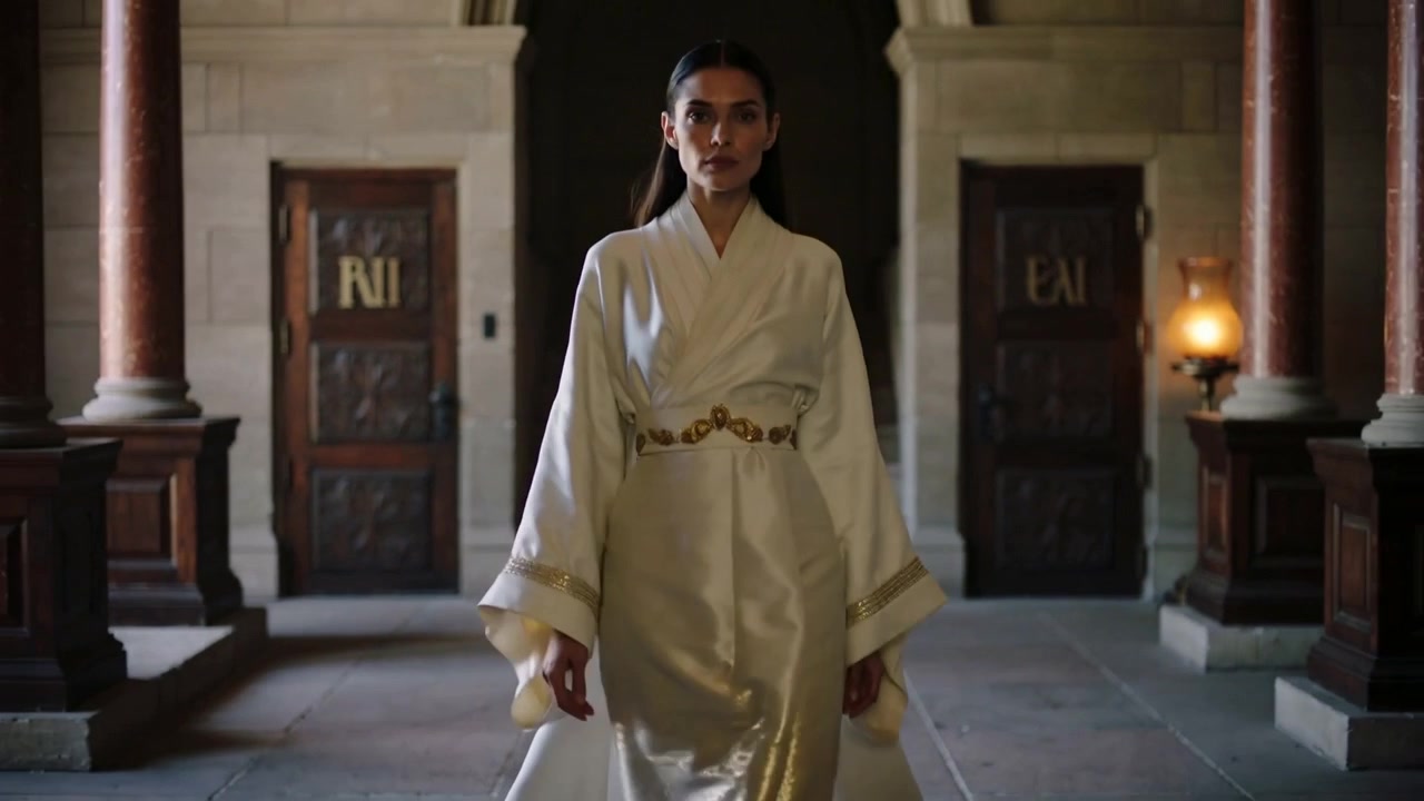 Una donna che cammina mostra un abito in oro bianco con strascico e cintura in un grande corridoio mentre la telecamera si allontana.