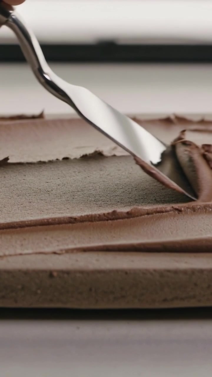 Vertikal video: Kokkens hånd glatter og skovler chokolade med en vinklet spatel ved bordet