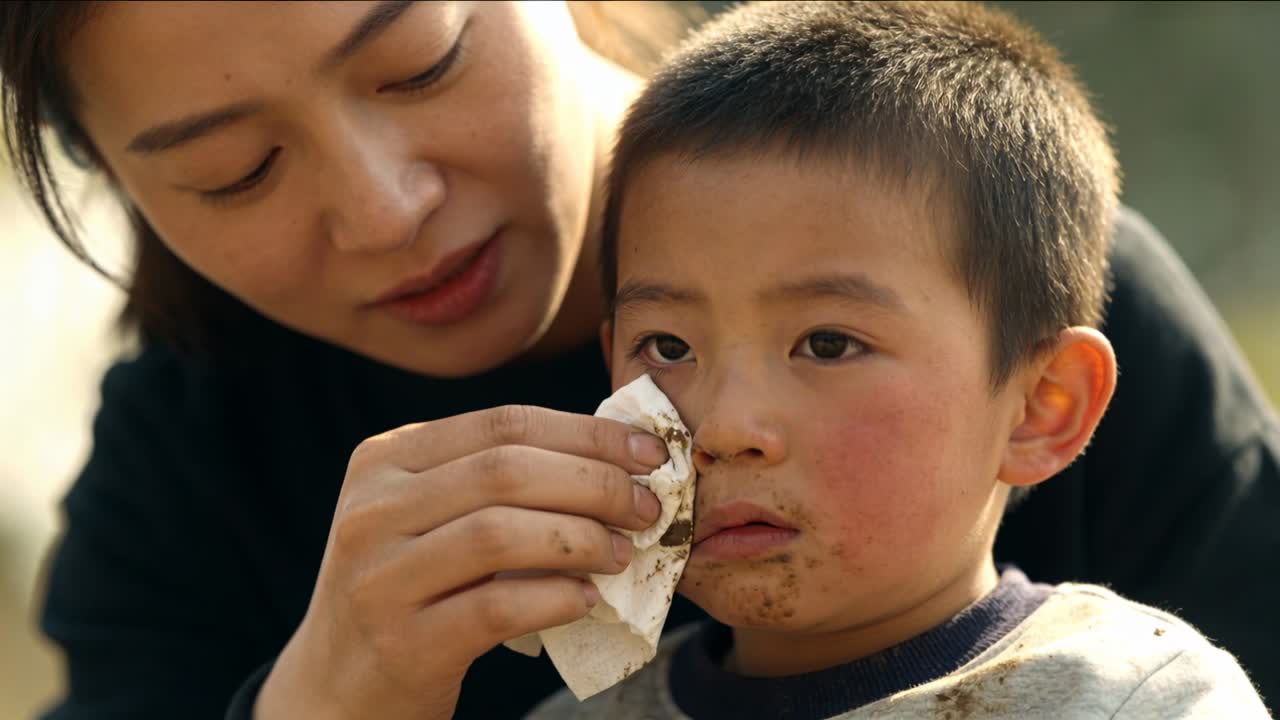 마당에서 돌보미가 아이의 얼굴에 묻은 흙을 알아차리고 얼룩진 셔츠를 입은 채 티슈로 아이의 뺨을 닦아준다.