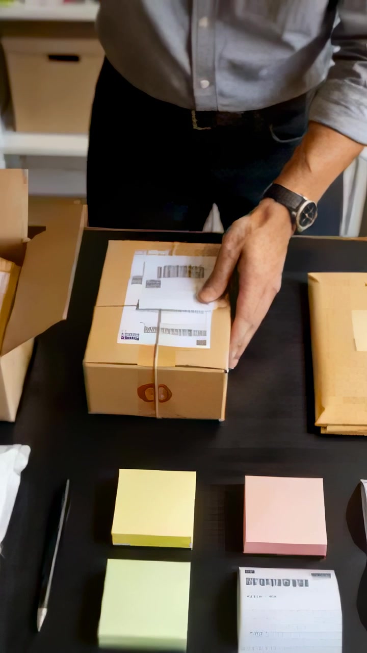 Vertical video: Peeling label, gray-shirt man labeling tied box at desk placing parcel for shipping