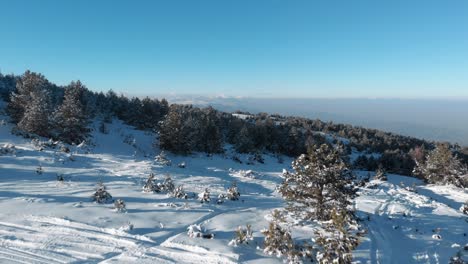 Fast-drone-over-snow-covered-mountain-ridge-forest-tilt-down-winter-sunset