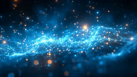 cosmic lights in digital land. a dynamic display of glowing blue and orange particles and waves creates a mesmerizing cosmic atmosphere.
