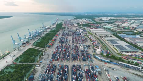 aerial view of malaysia’s northport container depot in klang, showing cargo logistics, cranes, and storage operations along the coastline in selangor. uhd.