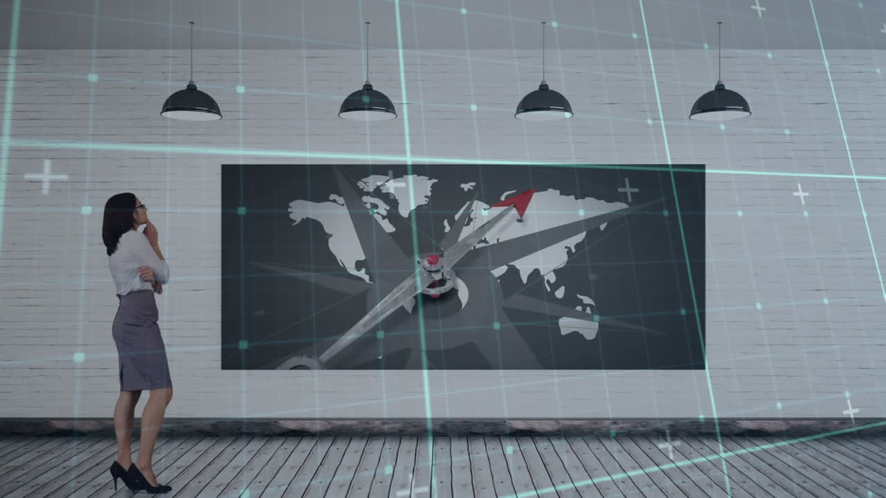 Animation of data processing over businesswoman using interactive screen