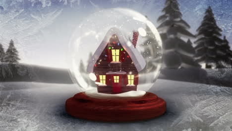 animation of winter landscape and snow globe seen through window