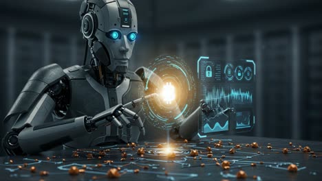 a futuristic robot engaging with blockchain technology: an exploration of digital currency, security, and artificial intelligence in the age of cryptocurrency