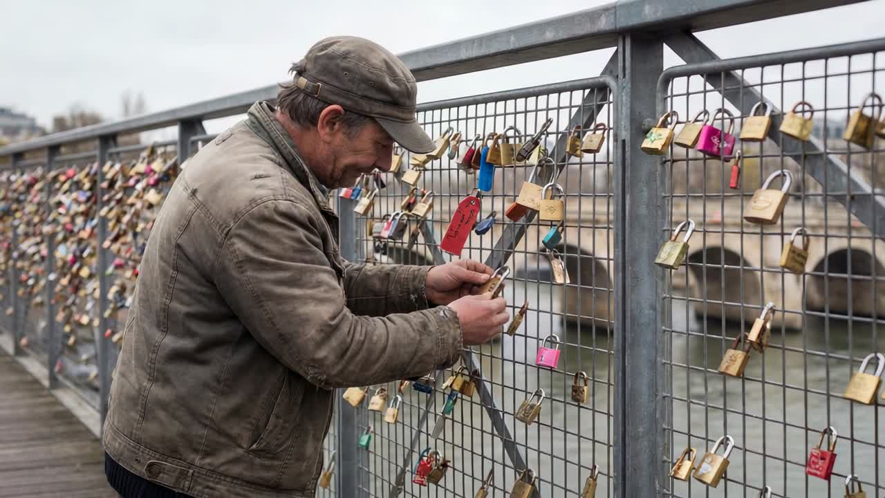 Holding small padlock, leaning man in weathered cap manipulating lock on mesh railing, fastening