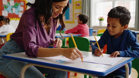 teacher assisting students in a classroom