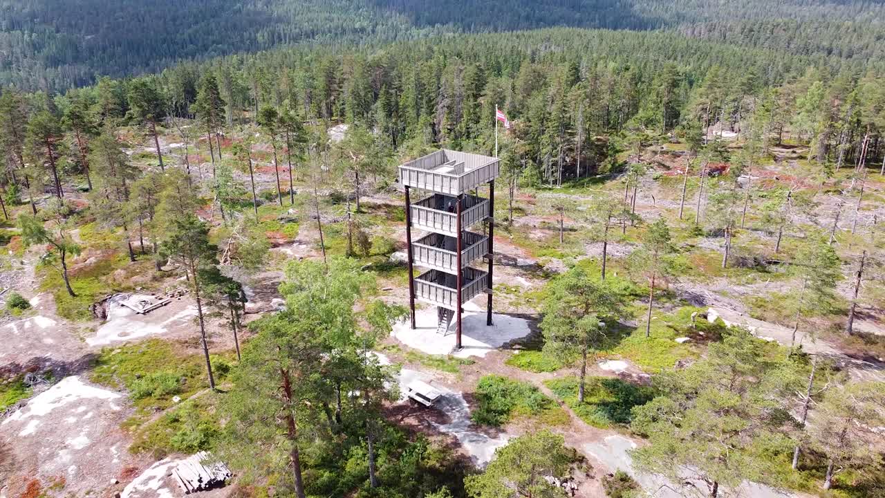 vista de avión no tripulado de la torre de topografía mjerskaugkollen, una torre de observación de madera en un bosque noruego, que muestra la estructura y los árboles circundantes bajo un cielo despejado