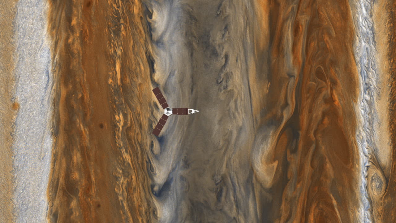 Juno Spacecraft Taking Photos and Data from Swirling Gases and Storms on Planet Jupiter Creating Abstract Patterns. High Quality 3D Animation ProRes 4K.