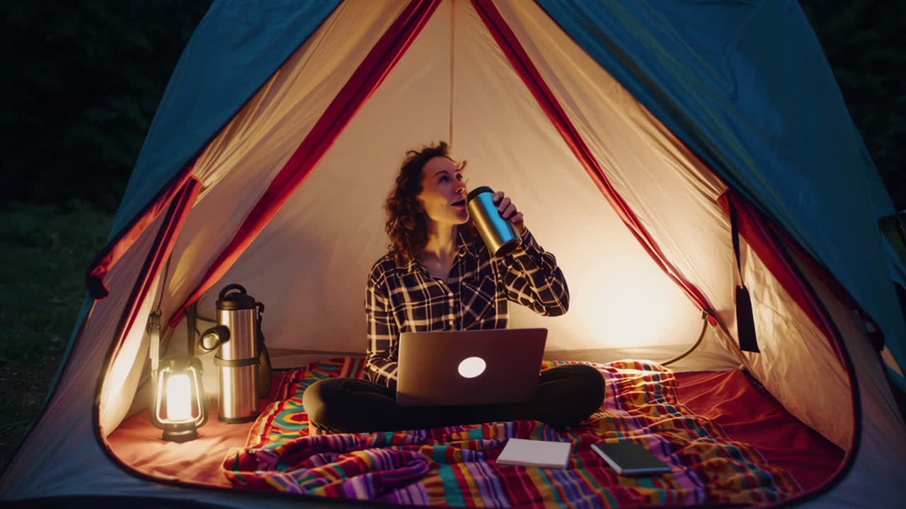 Woman camping in a tent at night with a laptop