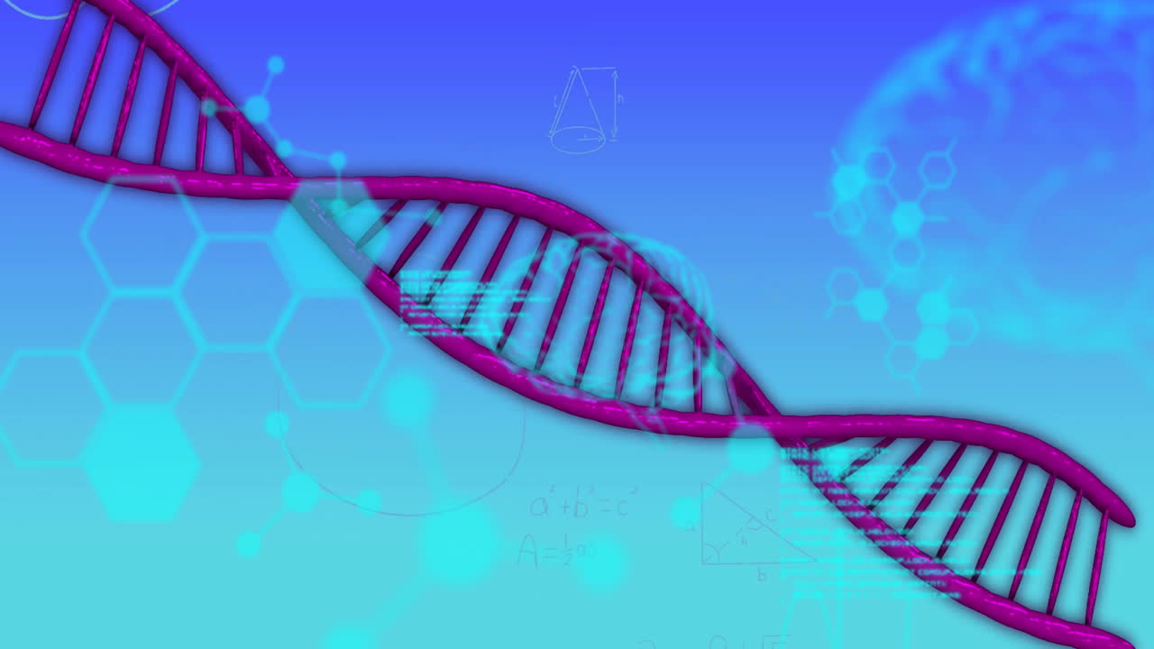 Animation of medical data processing over dna on blue background
