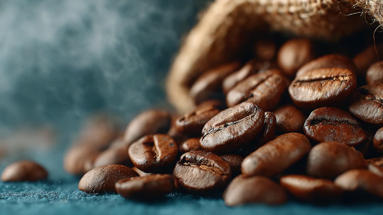 Et fængslende nærbillede af friskristede kaffebønner, der viser deres rige farver og aromatiske kvaliteter, perfekt spildende fra en naturfiberpose.