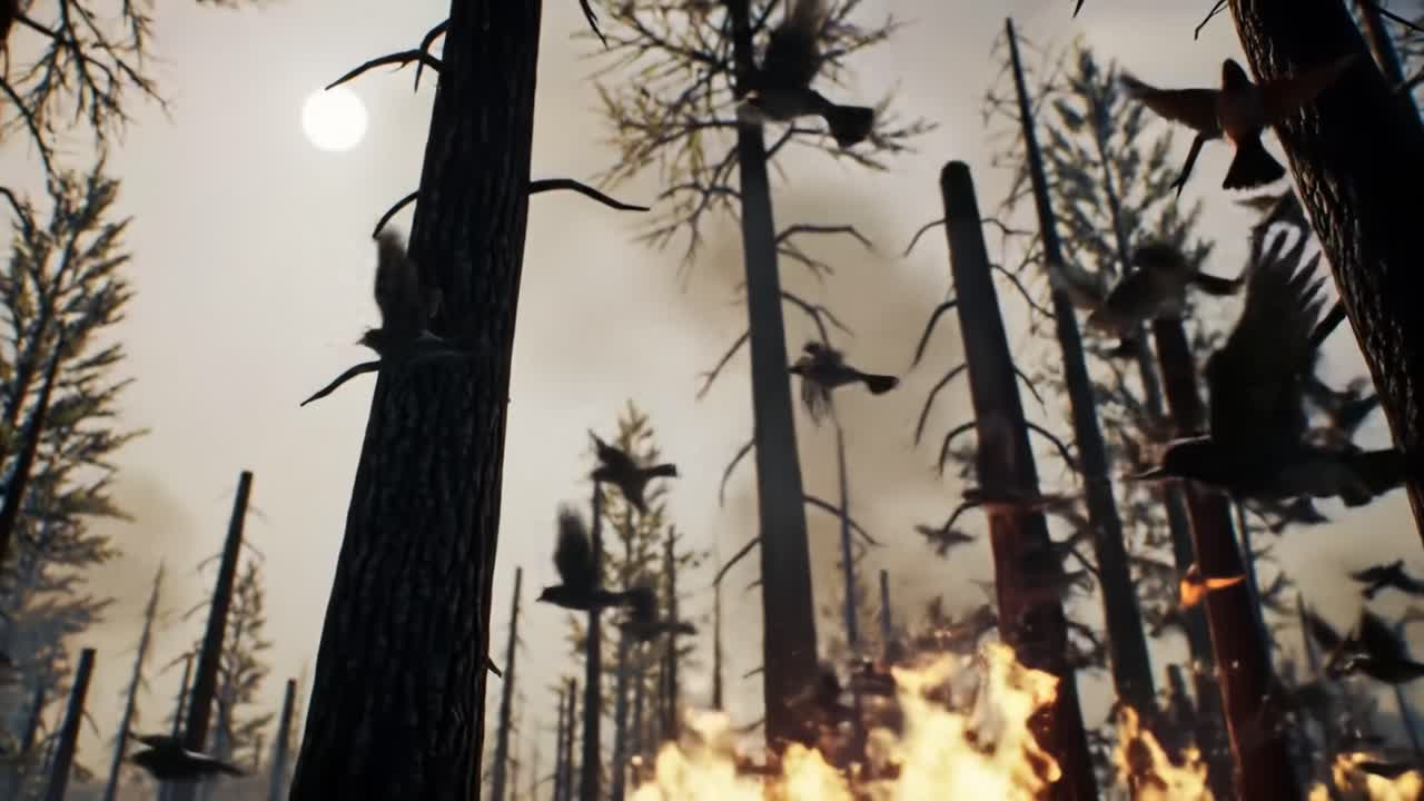 A Dramatic Flight: Birds Escaping a Wildfire in a Charred Forest Under a Murky Sky Representing the Chaos of Nature's Fury and Resilience