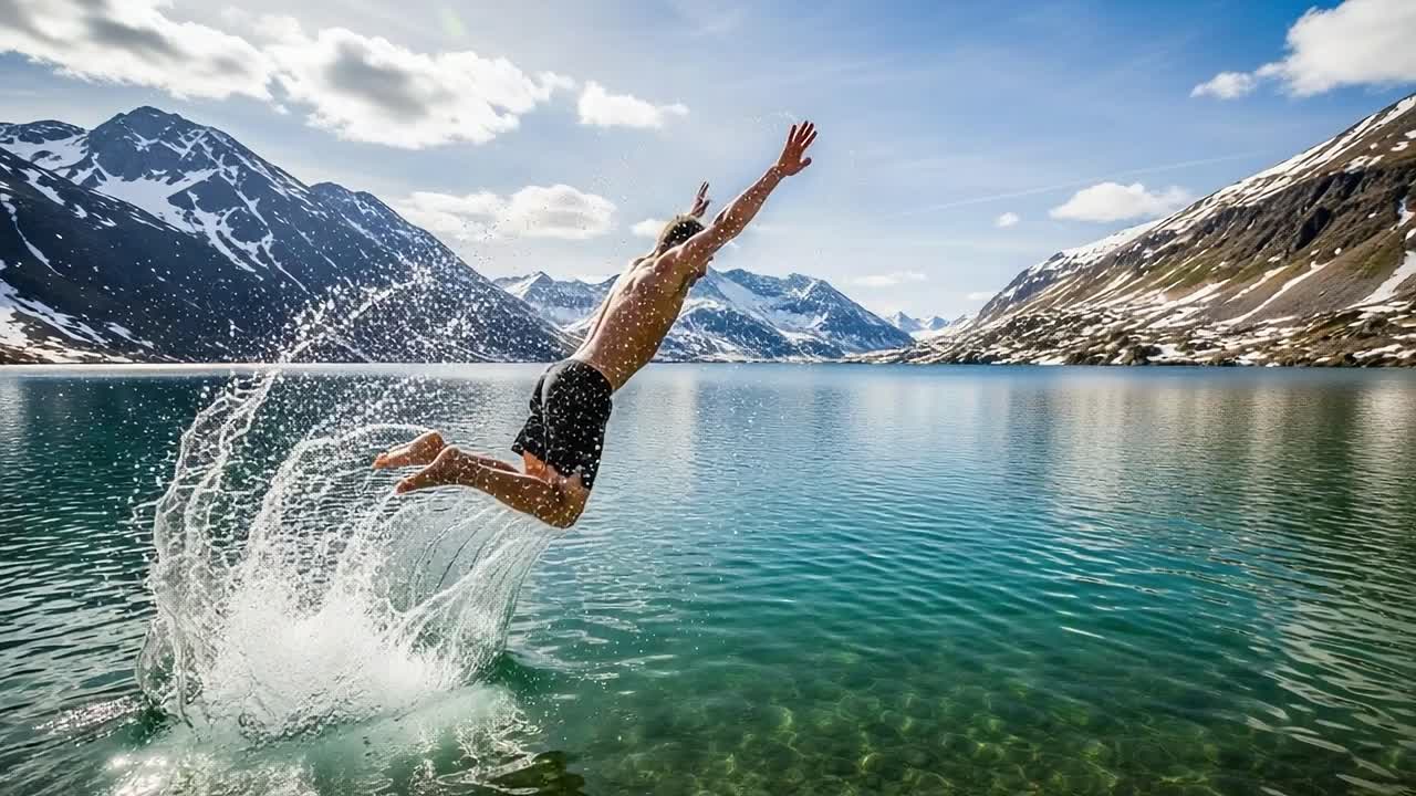 A Thrilling Leap into Nature’s Embrace: Capturing the Adventurous Spirit of a Cliff Diver Jumping into a Crystal-Clear Alpine Lake Surrounded by Majestic Mountains