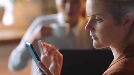 smartphone, coffee shop and business woman scroll