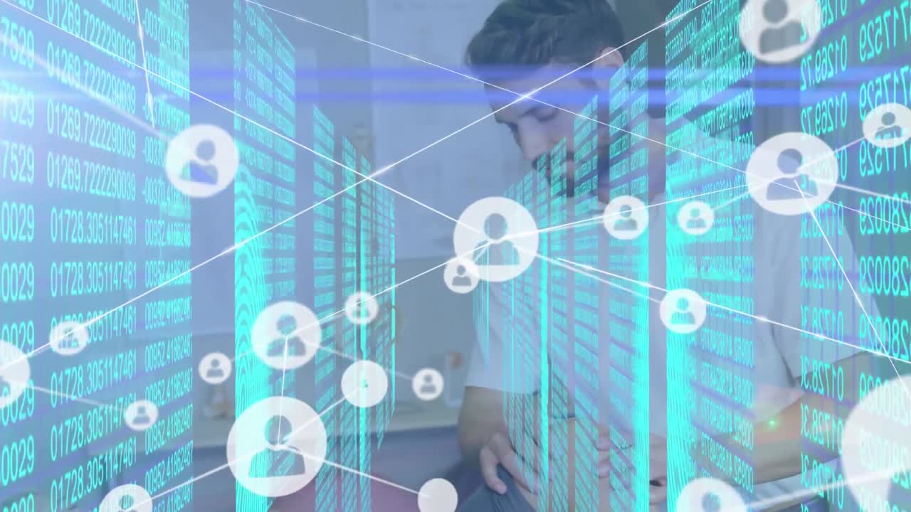 Network of digital icons against caucasian male and female supervisors and male warehouse