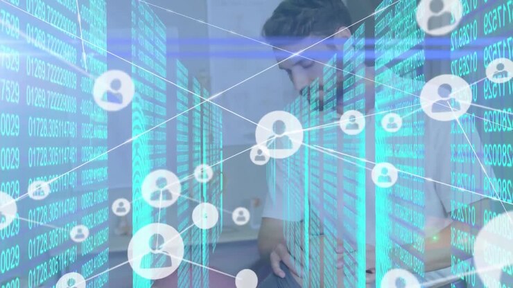 Network of digital icons against caucasian male and female supervisors and male warehouse