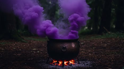 a cauldron bubbling with purple smoke in a forest