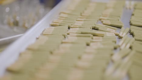 seguimiento disparado a lo largo de las juntas de cannabis pre-roll en la fábrica de producción de california, primer plano