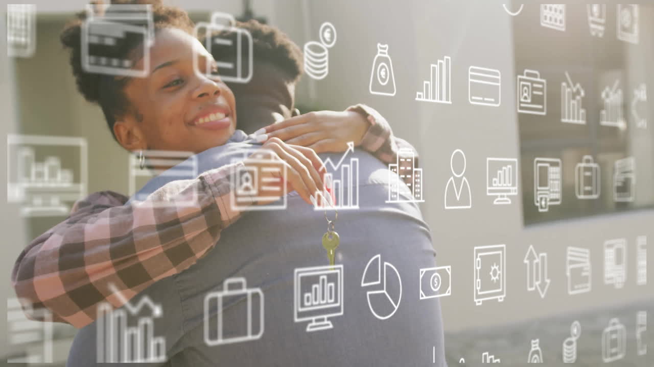 abrazándose y sonriendo, dos personas con iconos de tecnología financiera animación sobre ellos