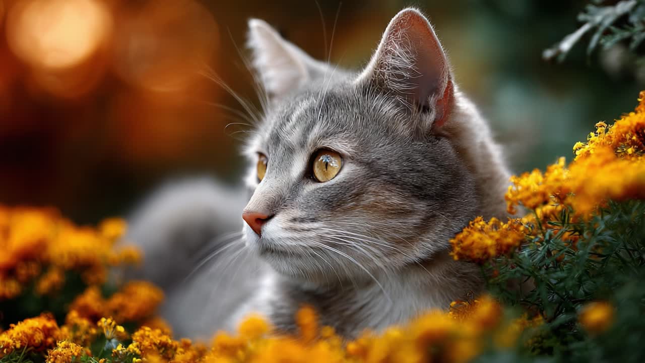 A mesmerizing grey cat gazes thoughtfully amidst vibrant orange flowers, capturing the essence of nature's beauty and tranquility in a serene outdoor setting