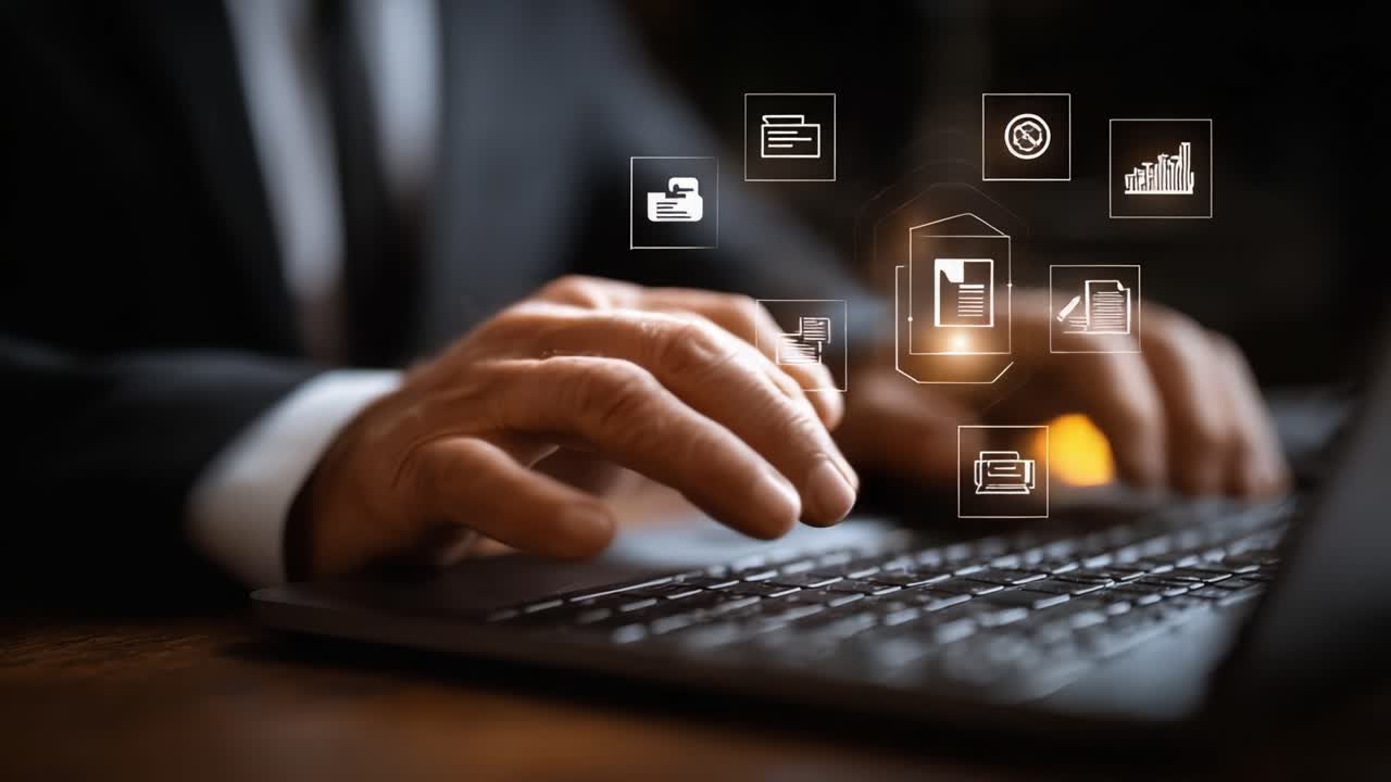 Efficient Digital Workflow: A Close-Up of Hands Typing on a Laptop with Interactive Digital Icons Representing File Management, Data Security, and Productivity Tools