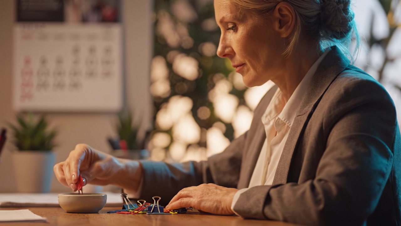 Focused Professional Woman Engaged in Organizing Office Supplies Amidst a Calm and Serene Workspace Environment, Enhancing Productivity and Creativity.