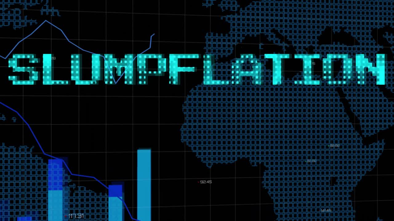 세계 지도와 처리 데이터 위의 그래프와 함께 파란색으로 슬럼프 플레이션 텍스트의 애니메이션