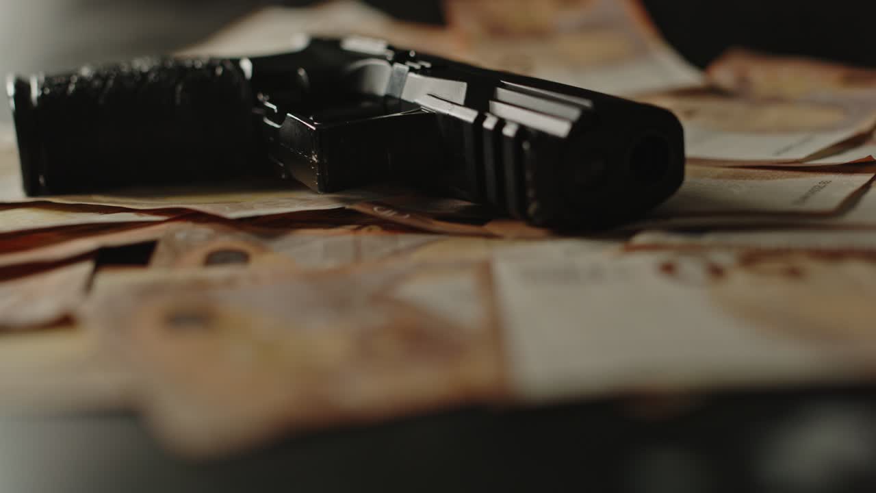 hermosa muñeca macro de una pistola negra colocada en un montón de billetes de 50 euros