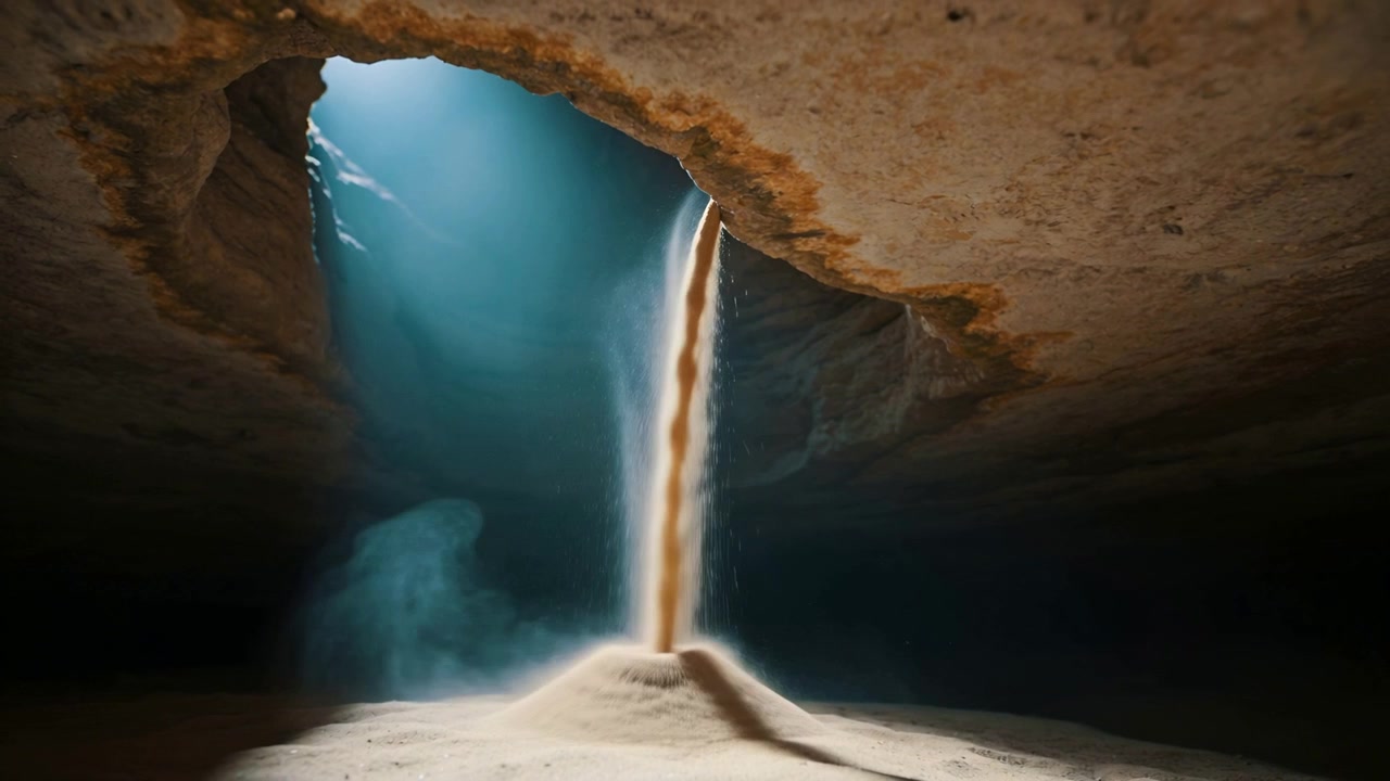 Falling sand stream forming conical pile through ceiling hole in cavern, blue beam lighting dust