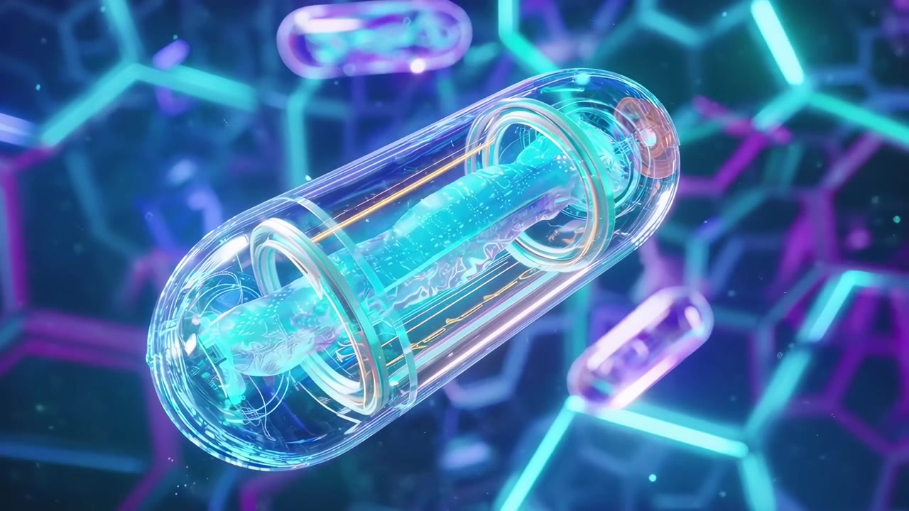 Capsula nanobot medica galleggiante in una rete cellulare luminosa.