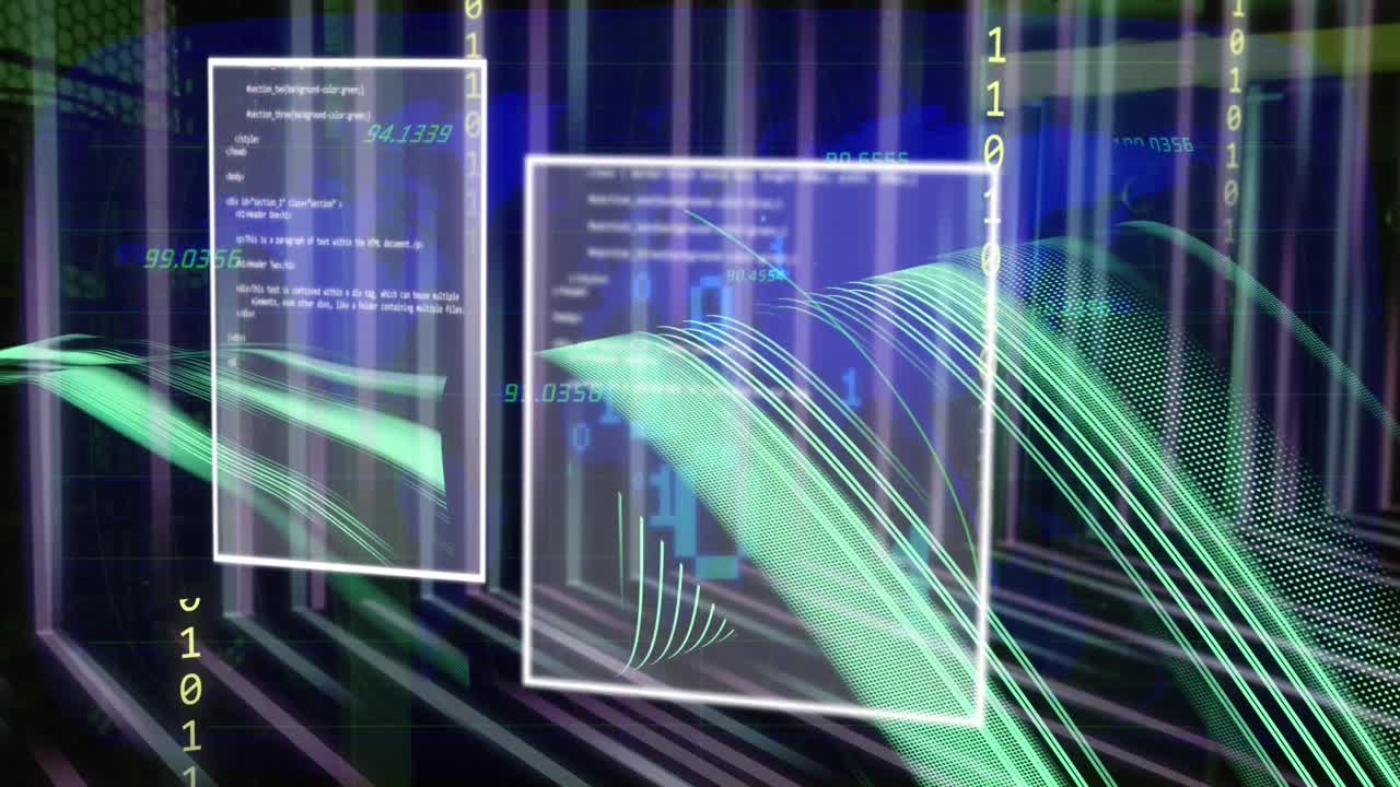 animación de codificación binaria y procesamiento de datos a través de una red de conexiones