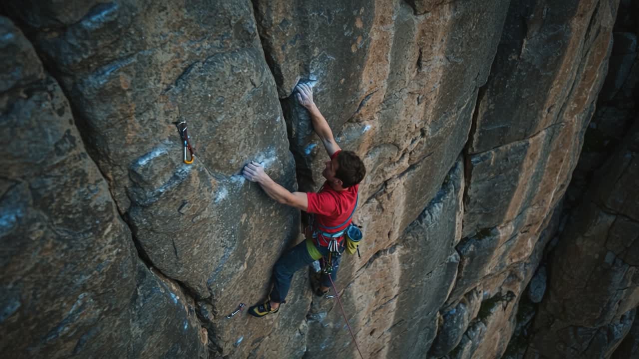 An Intrepid Rock Climber Ascends a Sheer Granite Face, Showcasing Strength and Skill in an Outdoor Climbing Adventure Captured From Above