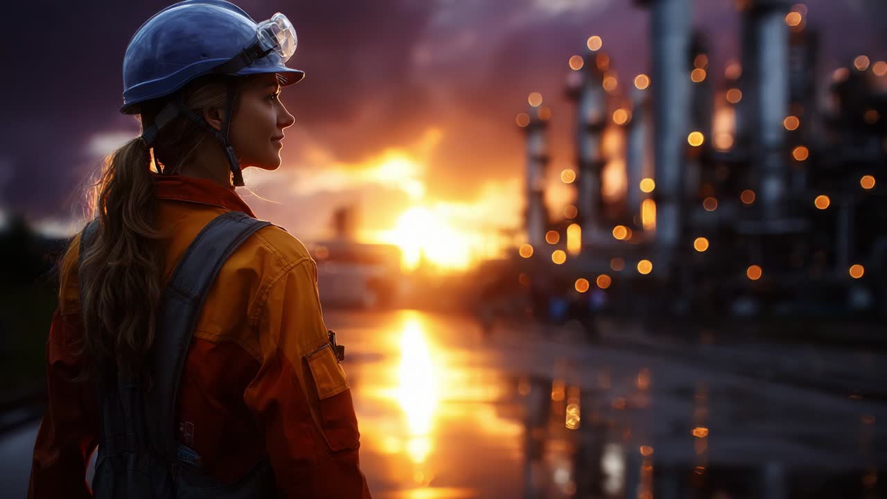 A female worker dressed in industrial safety gear gazes thoughtfully into the sunset, showcasing determination and resilience against the backdrop of a bustling oil refinery at dusk with glowing lights