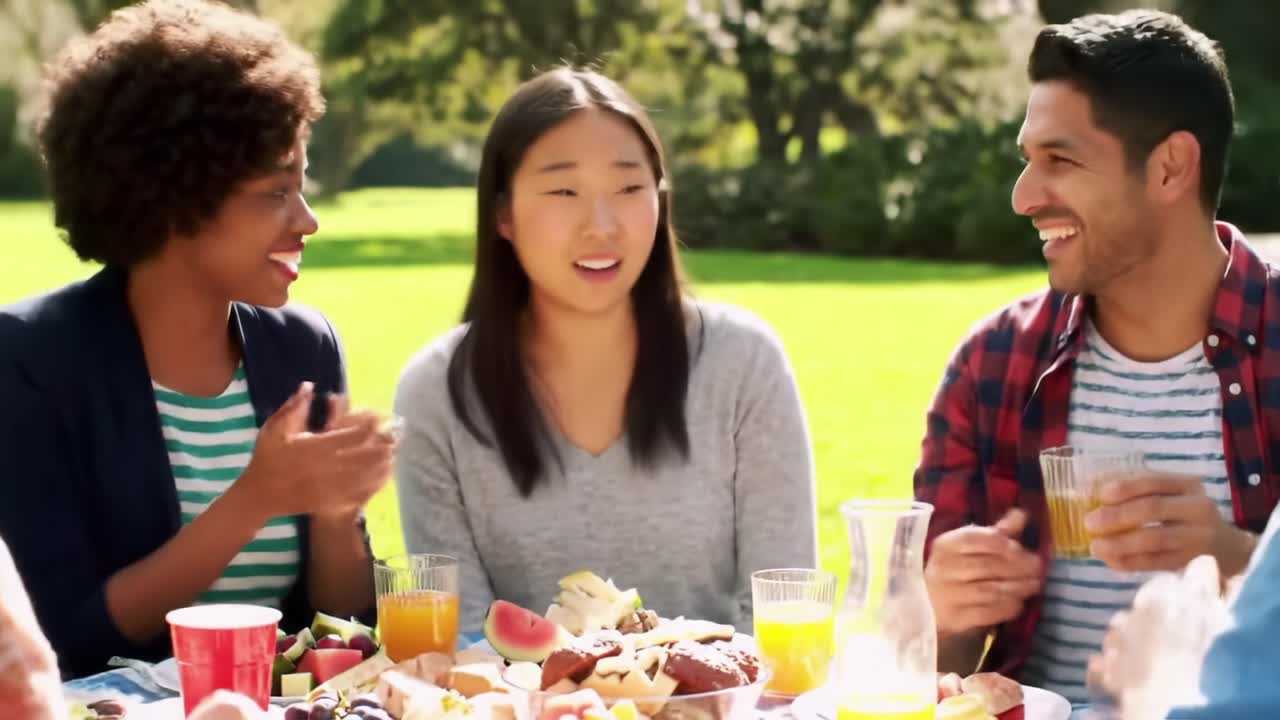 A joyful gathering of friends enjoying a sunny picnic, sharing laughter and delicious foods while creating lasting memories in a vibrant outdoor setting