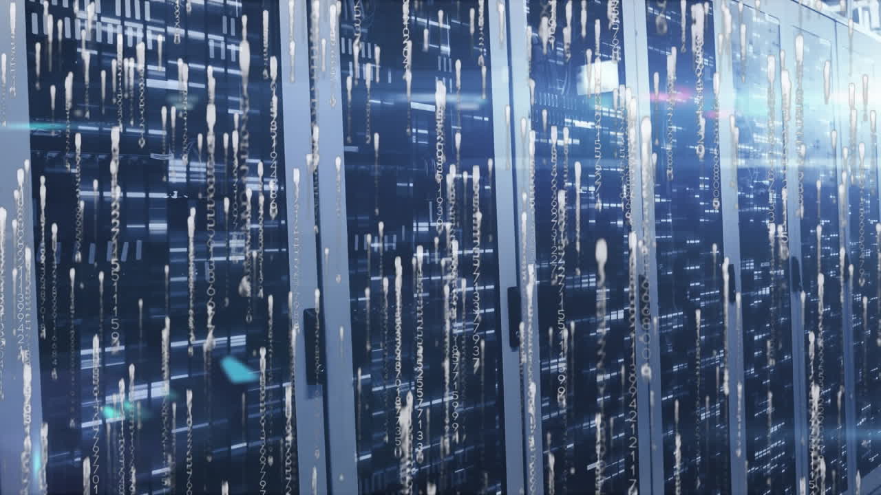Animation of light spots and trails over server room