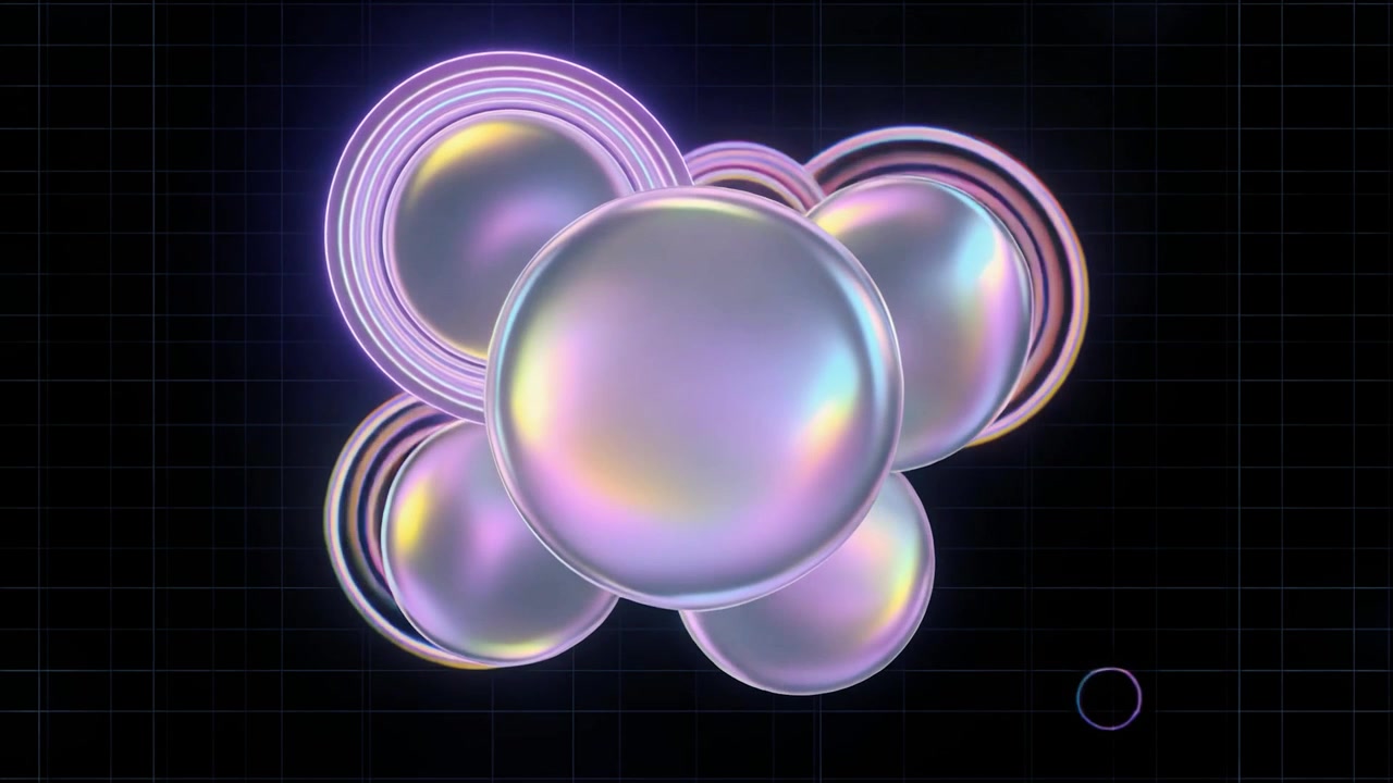 Animazione 3D Astratta di Sfere Iridescenti Fluttuanti su una Griglia