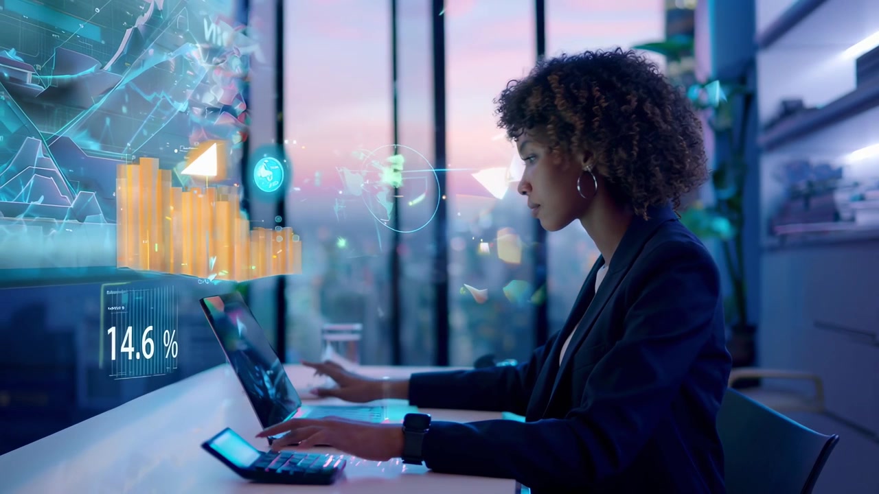 Professional Woman Interacting with Holographic Data in Modern Office